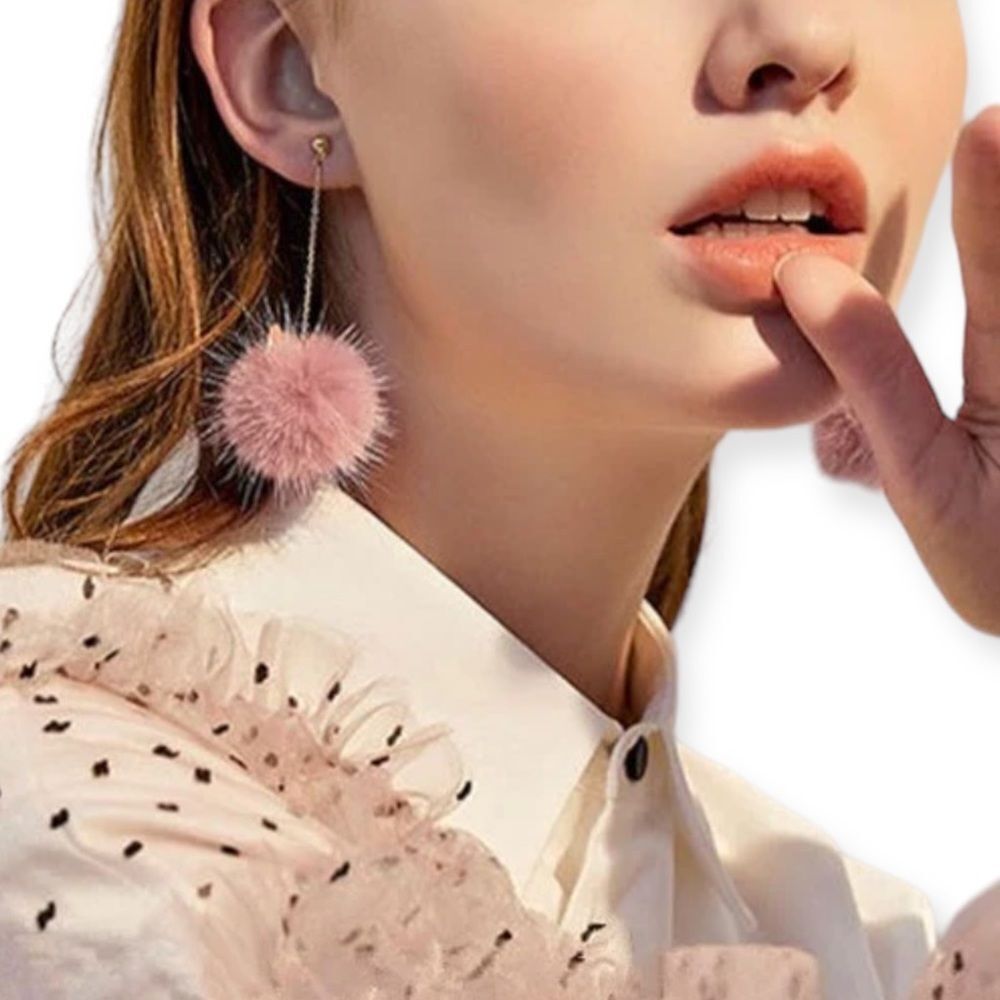 Pink Pom Pom Mink Fur Cat Ear Gold Chain Dangle Earrings NEW